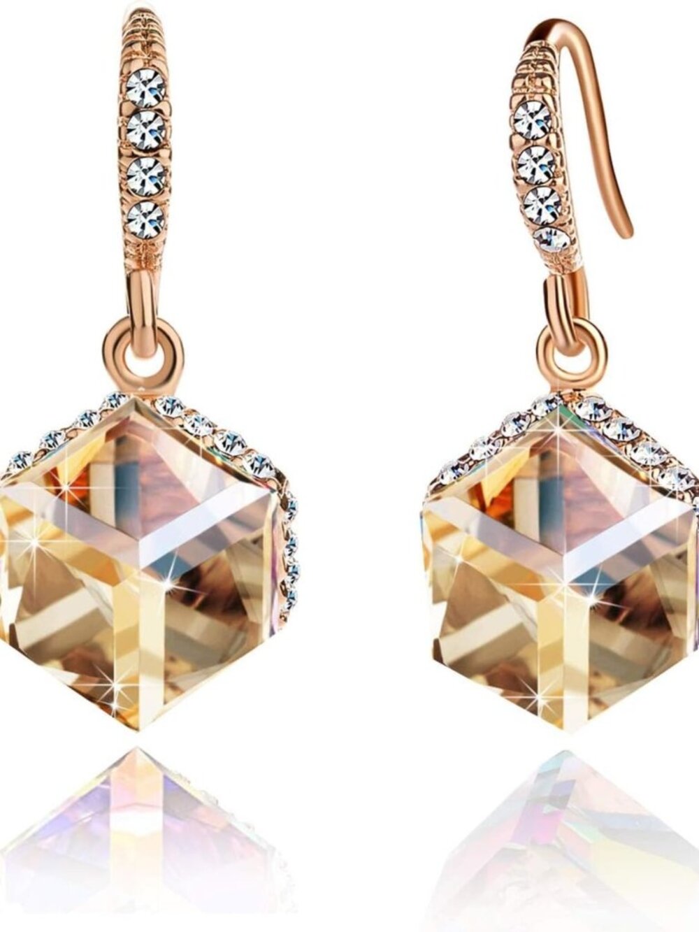14K Gold Plated Austrian Crystal Cube Drop Earrings for Women - Elegant Jewelry